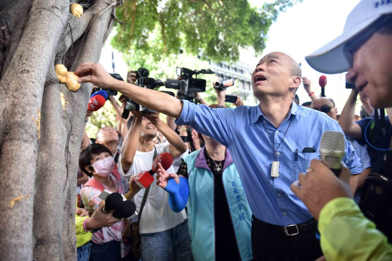 高雄市長韓國瑜24日視察登革熱疫情，爬上樹梢的行徑引起網友不少爭論。   圖：高雄市政府/提供（資料照片）