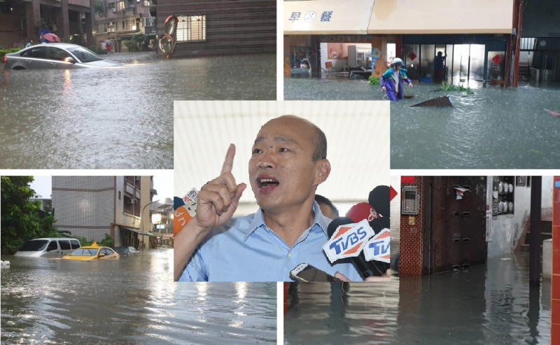 針對高雄淹水災情，高雄市長韓國瑜今（25）日竟反批正興里里長沈秀玲帶頭唱衰，聲稱淹水情況沒那麼嚴重。   圖：擷取自沈秀玲臉書／新頭殼資料照（合成圖）