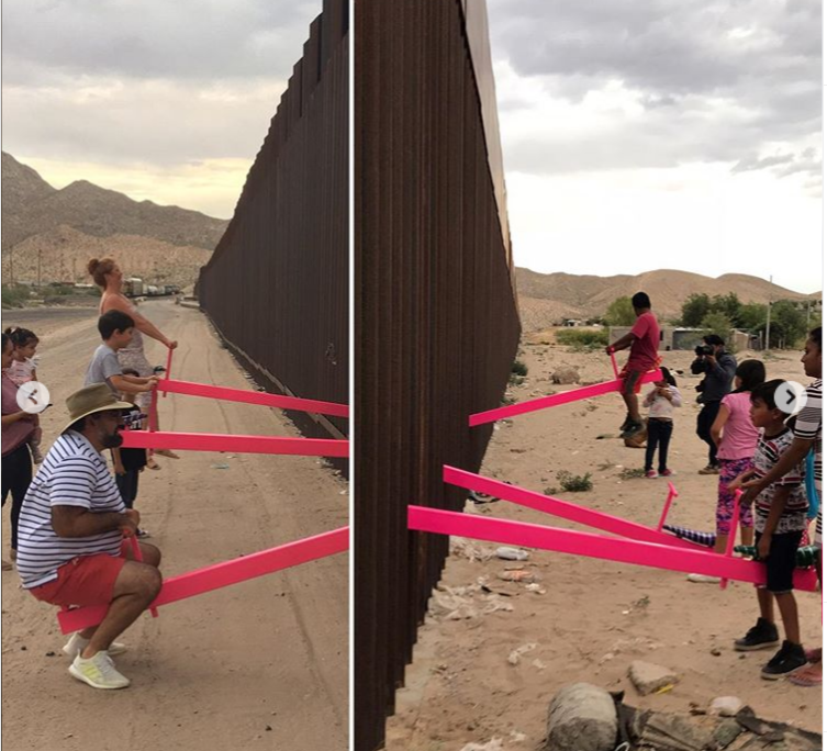 建築師羅納德(Ronald Rael)在圍牆兩側裝上蹺蹺板，讓兩個國家的小孩即使隔著圍牆，也能一起玩耍。   翻攝自羅納德(Ronald Rael) instagram