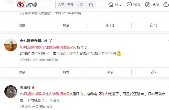 對於8月起停播娛樂性古裝、偶像劇，中國網友正反意見都有，但在百度吧的討論頁被刪除，在新浪網還找得到。   圖：翻攝自新浪網