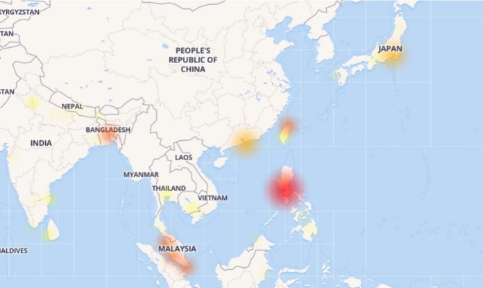 臉書、IG大當機，追蹤網路連線狀態的獨立網站DownDetector災情地圖，主要落在東南亞、美國東岸地區。   圖：翻攝自DownDetector