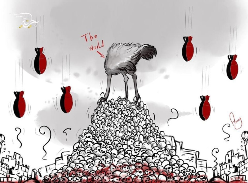 敘利亞西北部伊德利布省飽受戰火蹂躪，漫畫家阿里用平板電腦創作漫畫，其中一幅漫畫，阿里把世界描繪為一隻頭埋在土裡的鴕鳥，土堆由血淋淋的頭骨堆積而成，周圍還有紅色的飛彈如雨般傾瀉而下。   圖：取自amanycartoon臉書