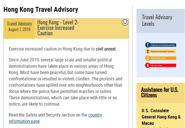 美國國務院網站調高赴香港旅遊警示，籲公民避開群眾示威地點。   圖：翻攝自美國國務院網站
