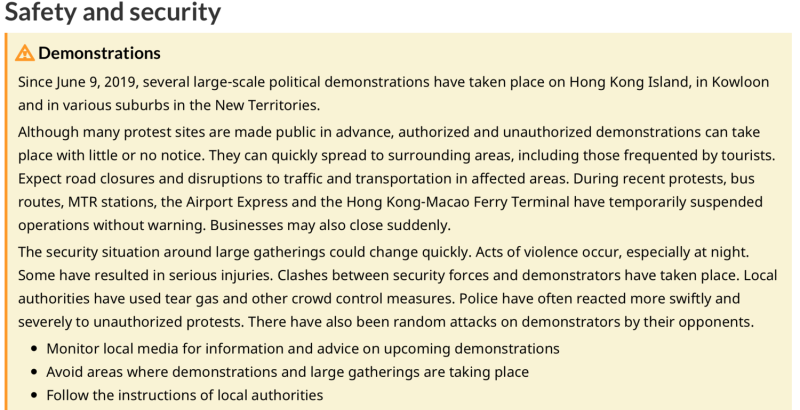 加拿大當局表示，自6月 9 日開始，香港各區接連發生多次大型示威活動，部分活動是臨時發起，難以預警，許多道路、交通運輸設施與商業機構臨時關閉，恐影響到觀光地區。   圖：翻攝自加拿大政府網站