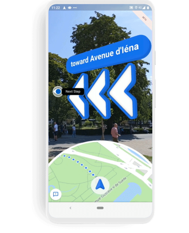 Google新推出AR實境導航，凡有支援軟體ARCore和ARKit的Android及iOS手機裝置都可使用。   圖：翻攝自Google官方部落格