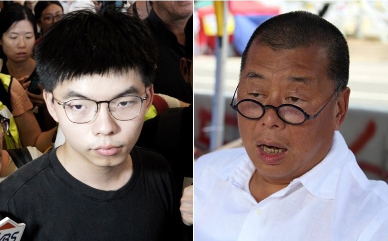 壹傳媒創辦人黎智英（右）、香港眾志成員黃之鋒（左）。   圖：新頭殼合成
