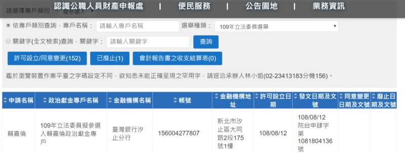 監察院陽光法令主題網顯示，賴嘉倫在8月12日申請政治獻金專戶。   圖：監察院陽光法令主題網