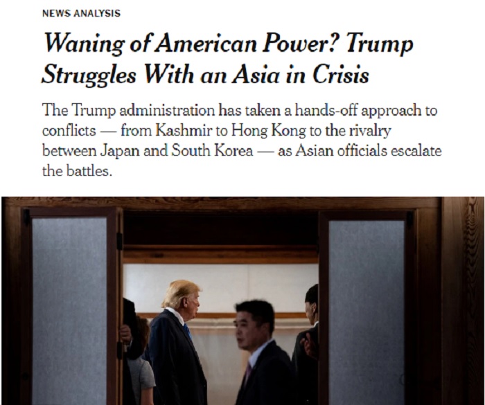《紐約時報》報導，堅守「美國優先」原則的美國總統川普，對亞洲混亂局勢袖手旁觀，專家警告，這正在削弱美國的影響力。   圖：翻攝New York Times網頁