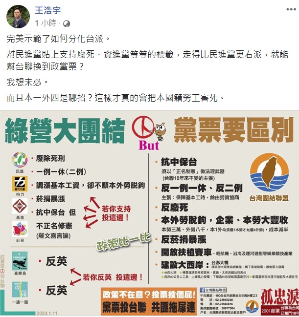 王浩宇批評，這文宣分化了台派，對台聯黨的政黨支持度幫助不大。   圖：翻攝自王浩宇臉書