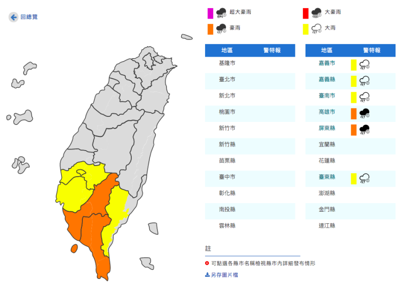 根據氣象局今（16）日下午資料，中南部仍有6縣市屬於大雨及豪雨特報範圍。   圖：取自中央氣象局官網