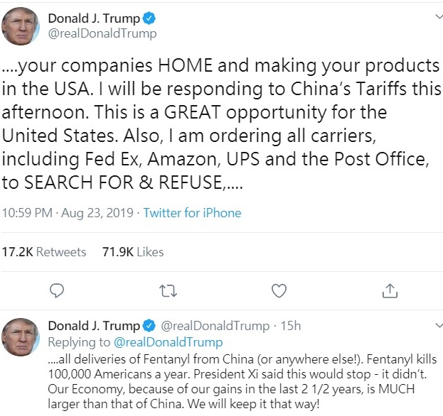 美國總統川普23日在推特要求美商撤出中國   圖：川普的推文