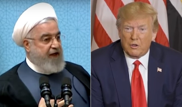 美國總統川普（右）釋出願在未來數週內會見伊朗總統羅哈尼,，隨即遭羅哈尼打臉要他先解除制裁。   圖：翻攝Youtube
