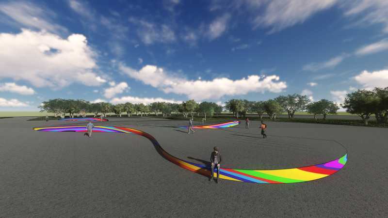 林育正用彩色的線條層層堆疊出地面上的彩虹，作品本身也是休憩處。   圖：翻攝自2019桃園地景藝術節網站