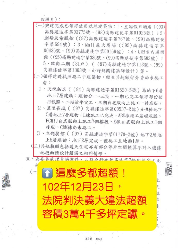 陳瓊華出示楊秋興縣長任內，公文認定義大世界超額容積違法。   圖：翻攝自陳瓊華臉書