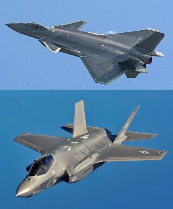 中國解放軍第五代戰機(上圖)被指控與美國F-35戰機(下圖)的設計十分相近。   圖：新頭殼合成