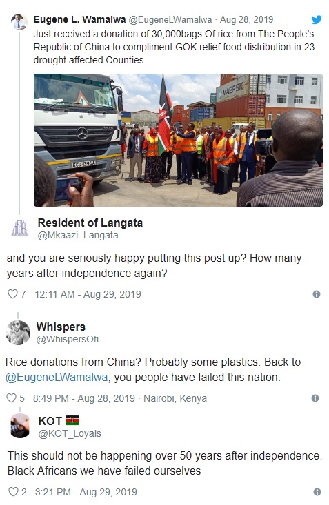 瓦馬爾洼 (Eugene Wamalwa) 28日在社群媒體上宣佈：「剛收到中華人民共和國捐贈給剛果的3萬袋米，有助解決23個受乾旱影響省分的糧食分配。」   圖 : 翻攝自twitter