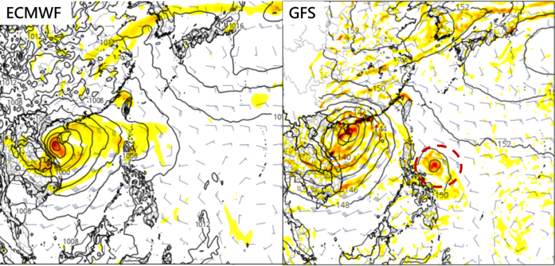 歐洲模式（左圖）及美國模式（右圖）顯示，下週二（3）20時模擬出在南海有熱帶擾動發展。   圖：翻攝自tropical tidbits