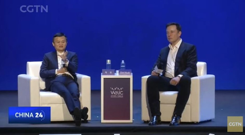 阿里巴巴創辦人馬雲和特斯拉執行長馬斯克昨（29日）針對AI議題進行對談。   圖：翻攝自CGTN YouTube