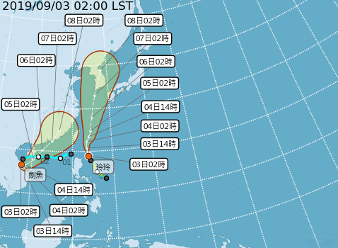 今年第14號颱風「劍魚」3日凌晨成形，與「玲玲」颱風再度形成雙颱共舞，氣象局預測侵台機率不高。   圖：翻攝自中央氣象局