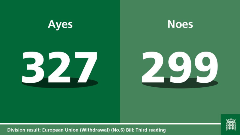 英國國會眾議院表決延後脫歐案，因為保守黨議員再一次倒戈護航，最後以28票的些微差距通過。   圖：翻攝自英眾議院推特