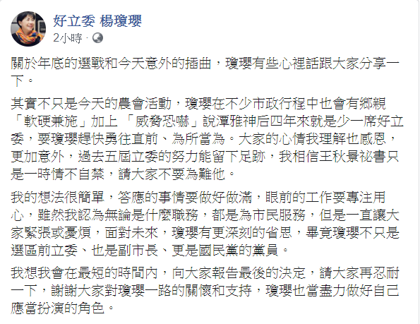 楊瓊瓔表示，將在最短的時間，報告最後的決定。   圖：翻攝楊瓊瓔臉書