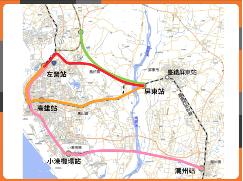 高鐵南延屏東規劃共有4條路線，交通部拍板左營案（紅線），韓國瑜則主張高雄案（黃線）。   圖：行政院提供