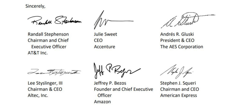 公開信中署名的，包括亞馬遜（Amazon）、AT&T、戴爾、IBM、高通（Qualcomm）等公司的執行長。