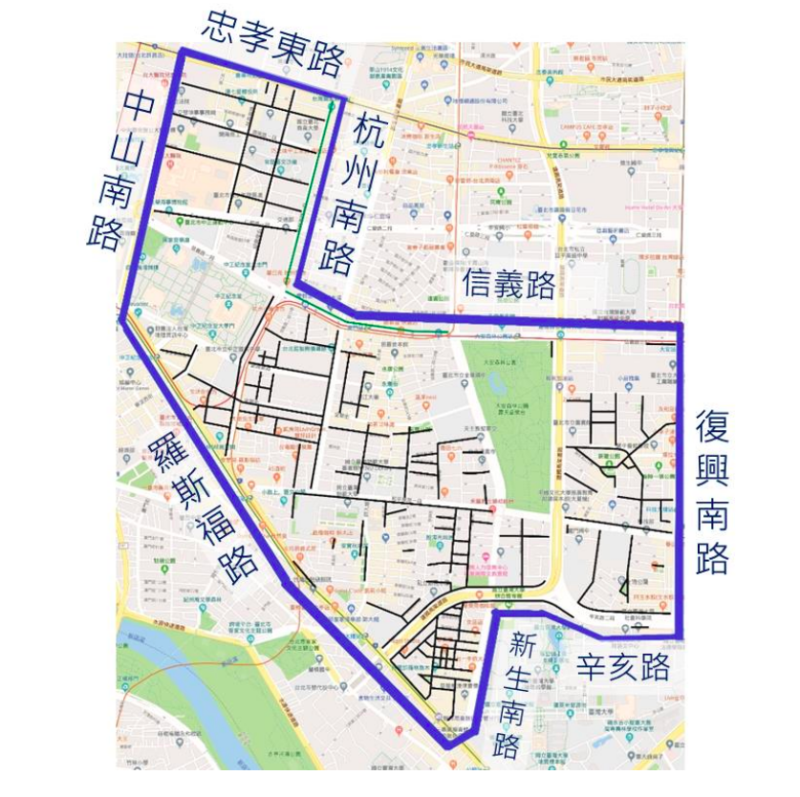 自9月16日起規劃中正區、大安區（約辛亥路以北；忠孝東路及信義路以南；羅斯福路及中山南路以東；杭州南路、復興南路及新生南路以西的範圍）共2,237格收費汽車格位為智慧停車收費區   圖：台北市停管處/提供