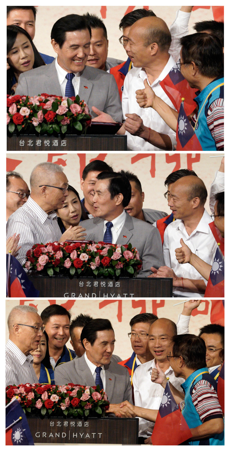 前總統馬英九（左）15日和國民黨總統候選人兼高雄市長韓國瑜（右）一同公開出席台商秋節聯誼茶會，兩人間的互動成為外界關注的焦點。   圖：張良一/攝 （資料照）