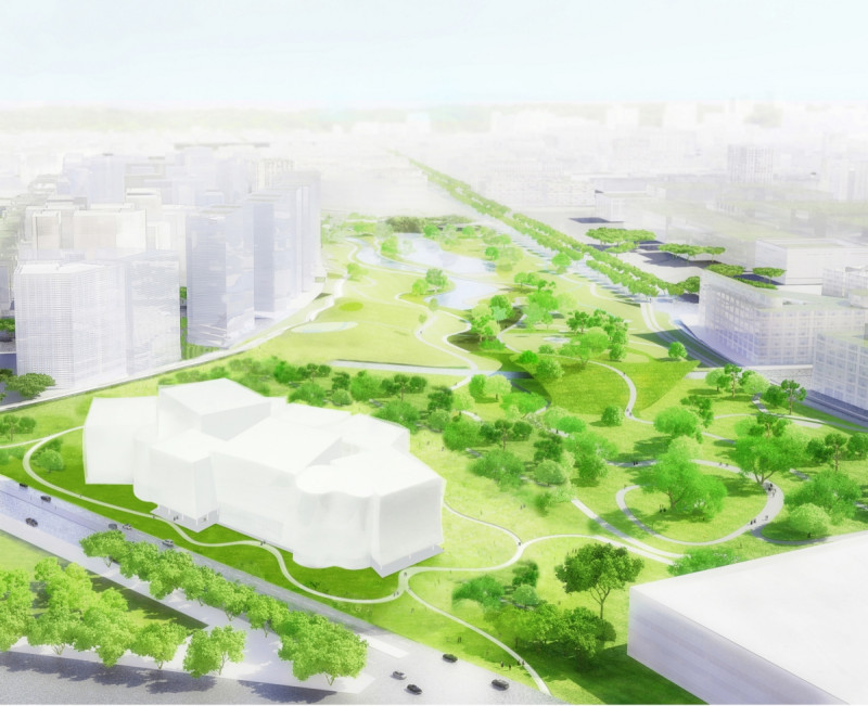 綠美圖空拍模擬圖，被公園包圍的美術館與圖書館。   圖：台中市政府／提供