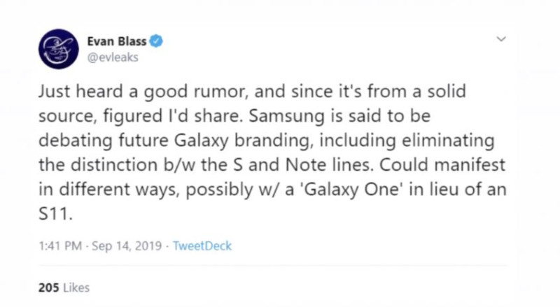 知名爆料人Evan Blass透露，三星內部正在討論未來Galaxy系列手機的命名，可能會以Galaxy One取代原有的Galaxy S11。（圖：翻攝自Evan Blass推特）