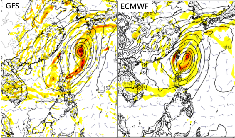 台灣東側的季風低壓環流在歐洲模式與美國模式呈現的模擬結果差異頗大，還不能確定會如何影響台灣。   圖：翻攝自tropical tidbits