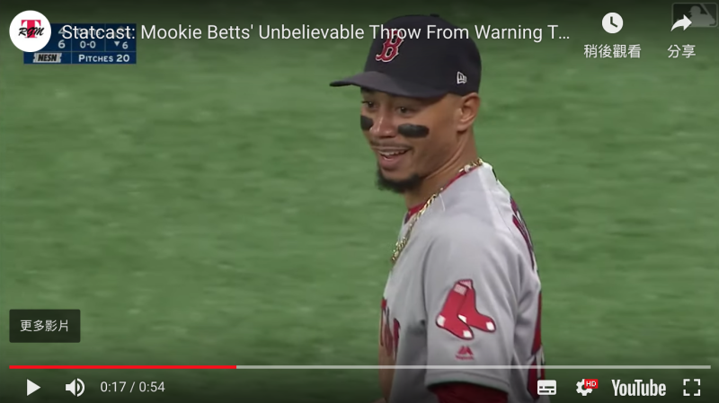 紅襪隊Mookie Betts。   圖：翻攝自YOUTUBE