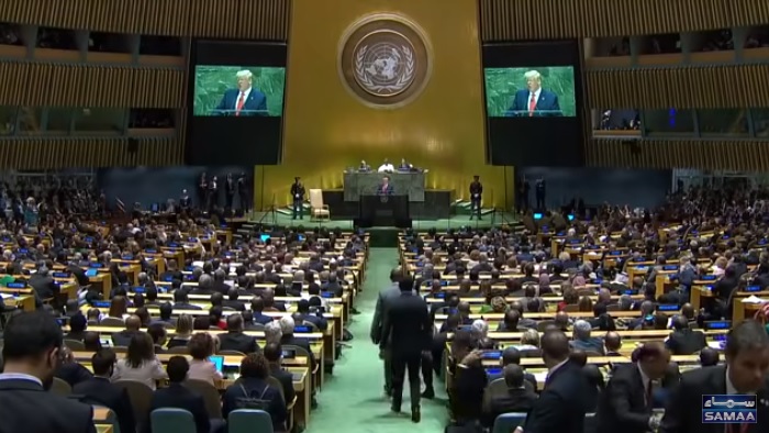 美國總統川普24日在聯合國大會發表演說。   圖：翻攝Youtube