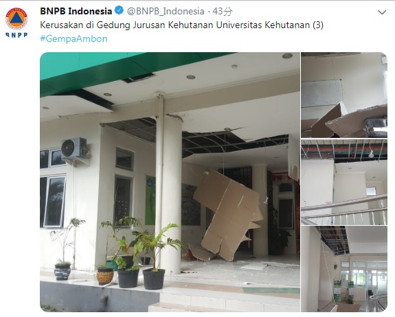 印尼26日上午發生芮氏規模6.8強震，災難管理局po出林業大學建築物受損照片，天花板幾乎全部塌下，可見當時震度之大。   圖：翻攝自印尼災難管理局推特