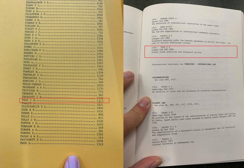 有東大生在東京大學的法學圖書館找到記載有蔡英文博士論文條項的出版品。   圖 :	取自黃若翔臉書