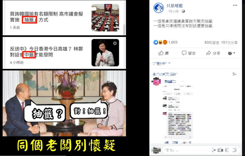 對於高雄和香港「不約而同」以抽籤表達民意，臉書粉專合成圖片，嘲諷「同個老闆別懷疑」。   圖：翻攝只是堵藍臉書