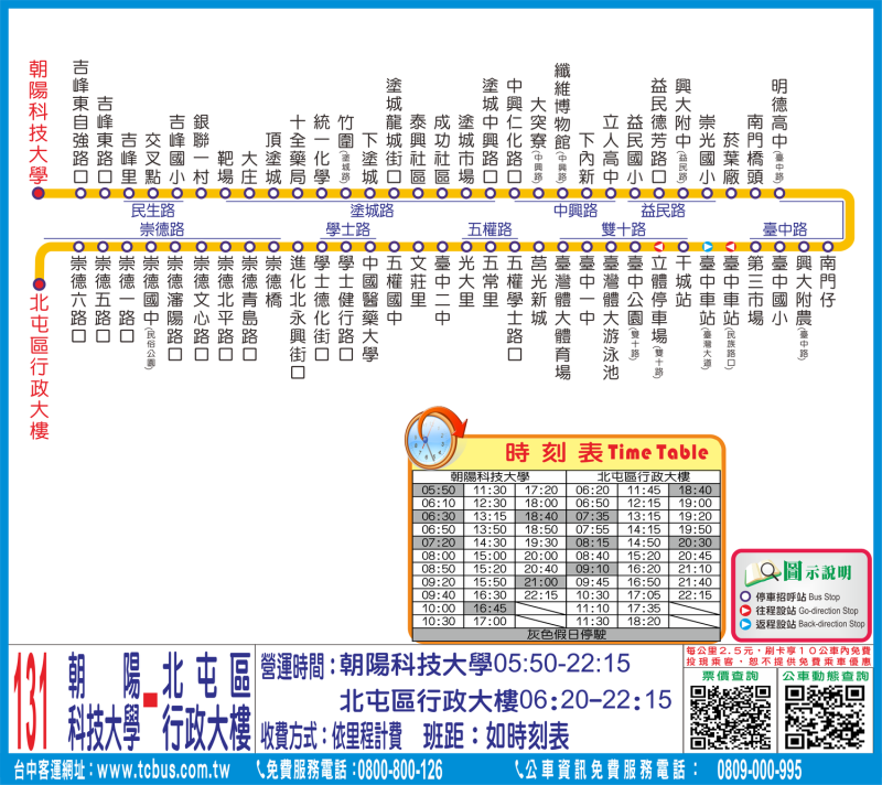 131路公車路線時刻圖。   圖：台中市政府／提供