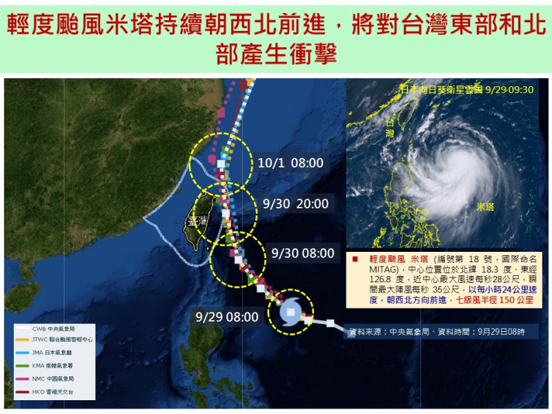 米塔颱風對台灣東部、北部衝擊最大，預計30日風雨最劇烈。   圖：國家災害防救科技中心／提供