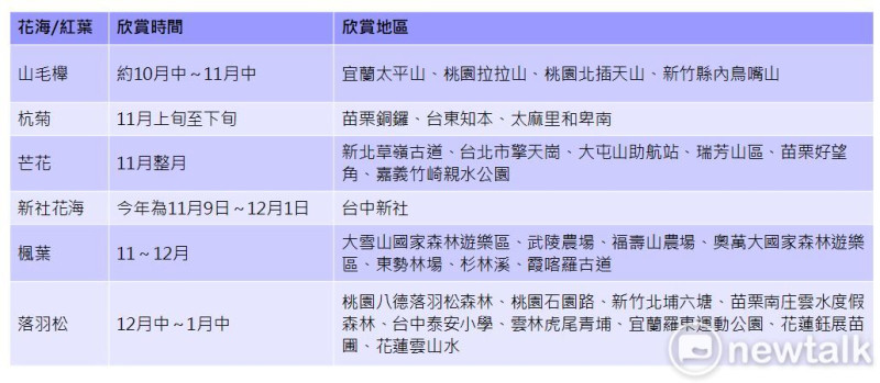 台灣秋冬限定花海整理表。   製表：新頭殼