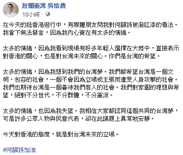 吳怡農在臉書表示，看到香港歌手何韻詩被潑紅漆，有好多情緒所以無法發言。   圖：翻攝吳怡農臉書