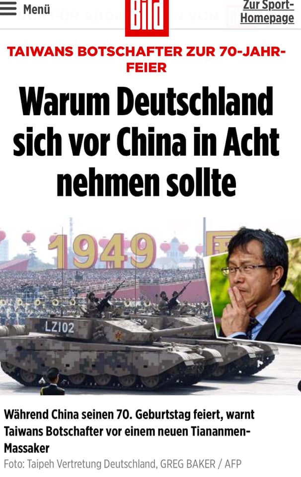 德國《圖片報》對我國駐德代表謝志偉專訪。   圖：翻攝自謝志偉臉書