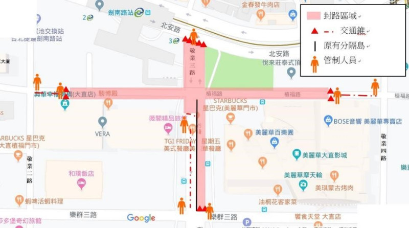 2019台北白晝之夜封街範圍。   圖：台北市交通警察大隊／提供