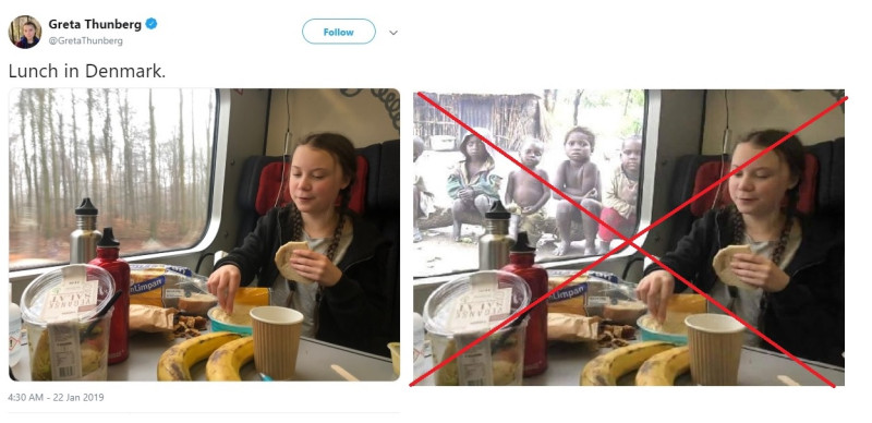 有心人將桑伯格的午餐照片與2007年的非洲貧童照片加以合成，對她大肆攻擊。左邊為桑柏格推特上的原圖，右邊為有心人合成照。   圖：搜尋自網路。