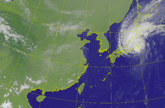 哈吉貝颱風12日通過日本關東一帶，為日本帶來大量雨勢及災情。（圖為中央氣象局12日衛星雲圖）   圖：取自中央氣象局