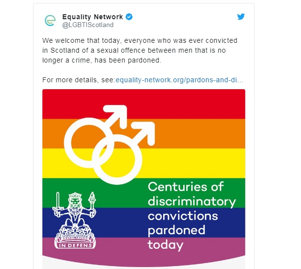 蘇格蘭男同志性交、接吻或調情等同性戀行為已不再是非法行為。   圖/翻攝自Twitter