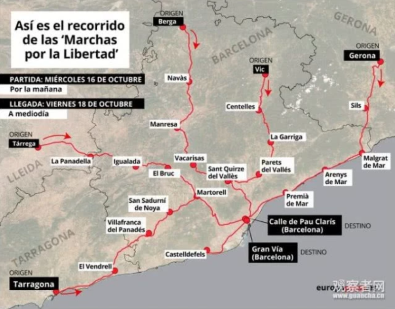 獨派策劃「為自由遊行（Marcha para la Libertad）」路線圖   圖：擷取自騰訊觀察者網