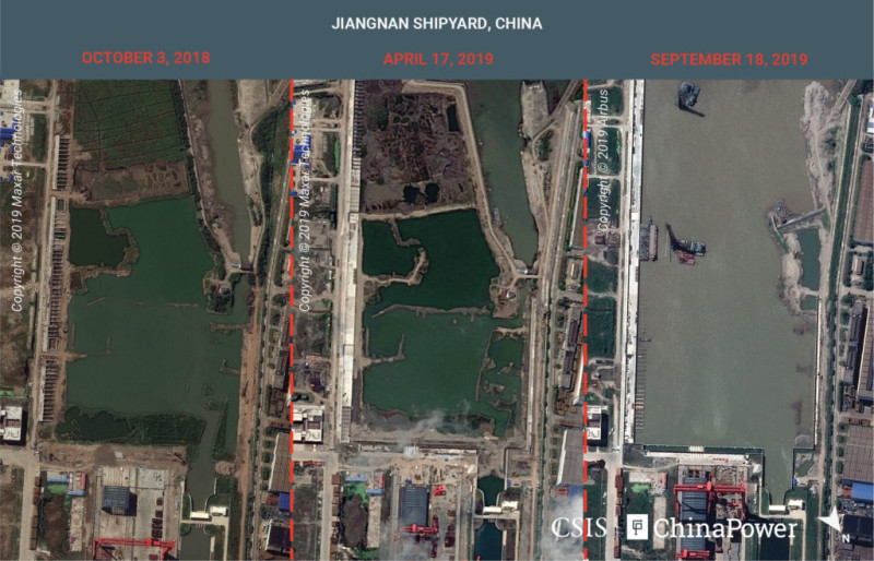 根據美國拍攝的衛星照片顯示，中國自製的第2艘航空母艦，正在上海江南造船廠建造，預料其船體可於一年內完工。   圖：翻攝CSIS | Center for Strategic & International Studies臉書