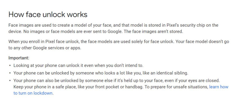 Google官網上清楚表示，用戶可能在無意間或是閉眼情況下解鎖Pixel 4。   圖：翻攝自Google官網