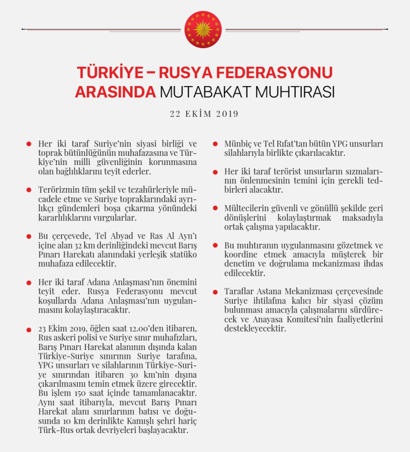 土耳其與俄羅斯已達成協議，要將敘利亞庫德族趕出家門   圖：土俄協議　取自土耳其總統艾爾段推特